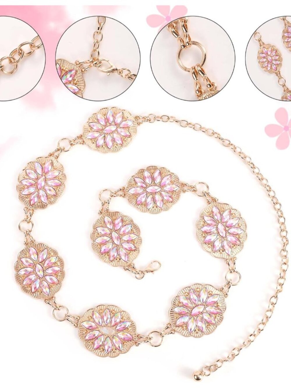 Concho Belt for Women, Bling Pink Rhinestone Western Cowgirl Waist Chain Belt Ad - Picture 4 of 7